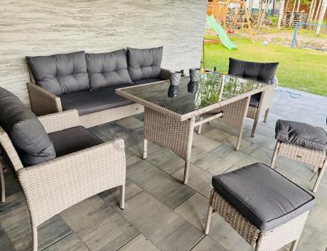 Technorattanowy komplet ogrodowy z sofą 175cm i wysokim stołem Perata Dining Grey