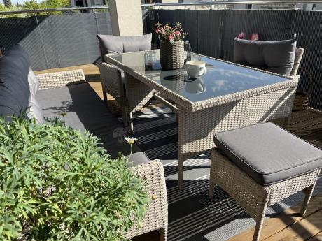 Technorattanowy komplet ogrodowy z sofą 175cm i wysokim stołem Perata Dining Grey