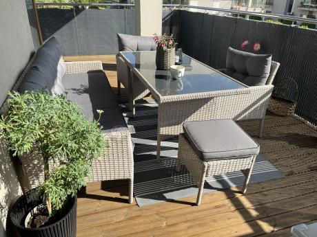 Technorattanowy komplet ogrodowy z sofą 175cm i wysokim stołem Perata Dining Grey