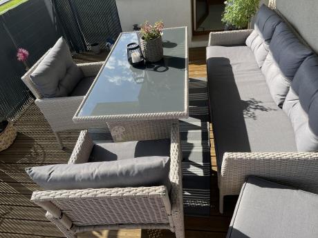 Technorattanowy komplet ogrodowy z sofą 175cm i wysokim stołem Perata Dining Grey