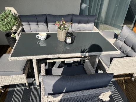 Technorattanowy komplet ogrodowy z sofą 175cm i wysokim stołem Perata Dining Grey