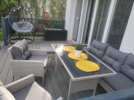 Technorattanowy komplet ogrodowy z sofą 175cm i wysokim stołem Perata Dining Grey