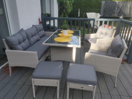 Technorattanowy komplet ogrodowy z sofą 175cm i wysokim stołem Perata Dining Grey
