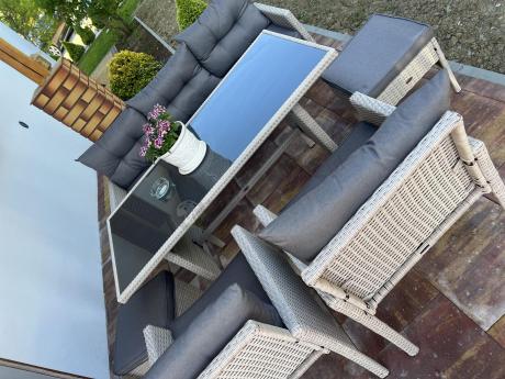 Technorattanowy komplet ogrodowy z sofą 175cm i wysokim stołem Perata Dining Grey