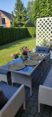 Technorattanowy komplet ogrodowy z sofą 175cm i wysokim stołem Perata Dining Grey