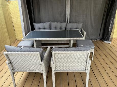 Technorattanowy komplet ogrodowy z sofą 175cm i wysokim stołem Perata Dining Grey