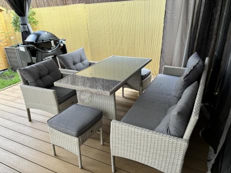 Technorattanowy komplet ogrodowy z sofą 175cm i wysokim stołem Perata Dining Grey