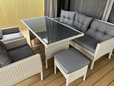 Technorattanowy komplet ogrodowy z sofą 175cm i wysokim stołem Perata Dining Grey