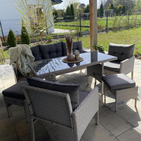 Technorattanowy komplet ogrodowy z sofą 175cm i wysokim stołem Perata Dining Grey