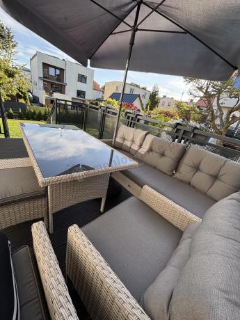 Technorattanowy komplet ogrodowy z sofą 175cm i wysokim stołem Perata Dining Grey