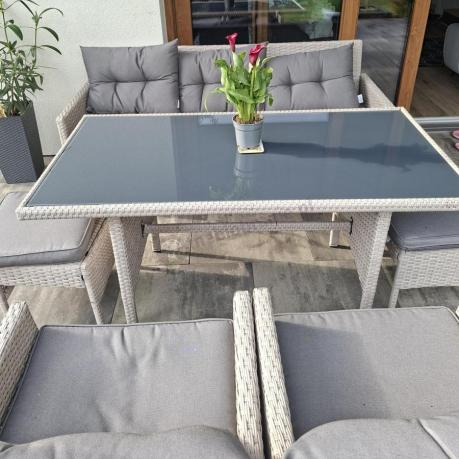 Technorattanowy komplet ogrodowy z sofą 175cm i wysokim stołem Perata Dining Grey