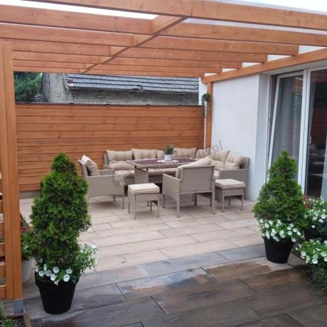 Technorattanowy narożnik z wysokim stołem, fotelami i pufami Perata Corner Plus – Natural