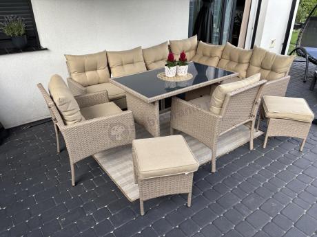 Technorattanowy narożnik z wysokim stołem, fotelami i pufami Perata Corner Plus – Natural