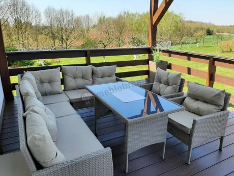 Technorattanowy narożnik z wysokim stołem, fotelami i pufami Perata Corner Plus – Natural