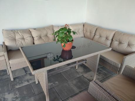 Technorattanowy narożnik z wysokim stołem, fotelami i pufami Perata Corner Plus – Natural