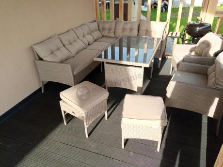 Technorattanowy narożnik z wysokim stołem, fotelami i pufami Perata Corner Plus – Natural