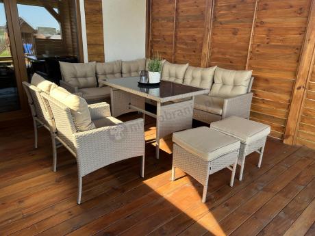 Technorattanowy narożnik z wysokim stołem, fotelami i pufami Perata Corner Plus – Natural