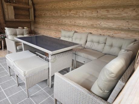 Technorattanowy narożnik z wysokim stołem, fotelem i pufami Perata Corner – Natural