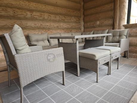 Technorattanowy narożnik z wysokim stołem, fotelem i pufami Perata Corner – Natural