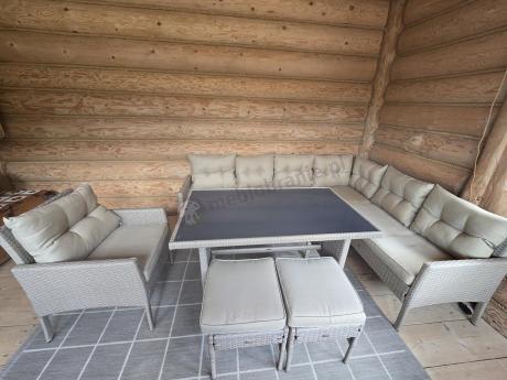 Technorattanowy narożnik z wysokim stołem, fotelem i pufami Perata Corner – Natural