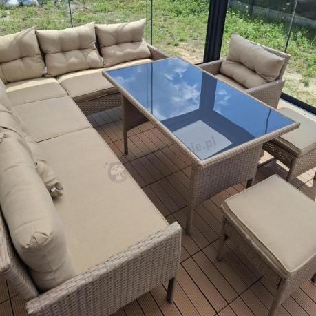 Technorattanowy narożnik z wysokim stołem, fotelem i pufami Perata Corner – Natural