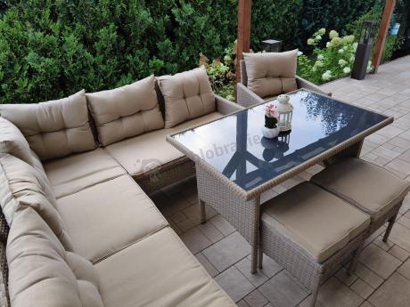 Technorattanowy narożnik z wysokim stołem, fotelem i pufami Perata Corner – Natural