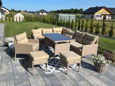 Technorattanowy narożnik z wysokim stołem, fotelem i pufami Perata Corner – Natural