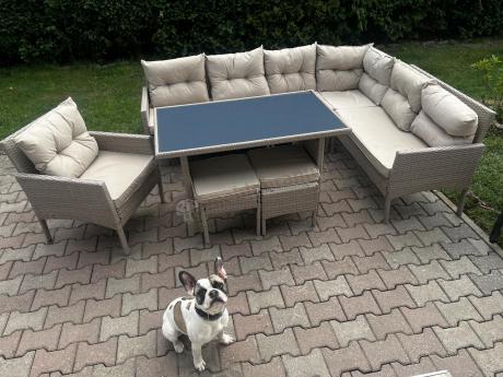 Technorattanowy narożnik z wysokim stołem, fotelem i pufami Perata Corner – Natural