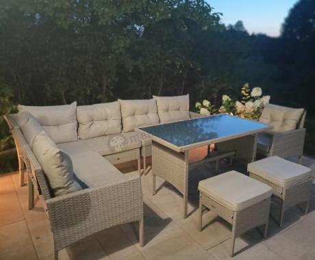 Technorattanowy narożnik z wysokim stołem, fotelem i pufami Perata Corner – Natural