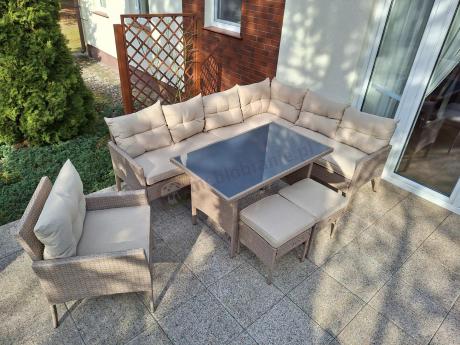 Technorattanowy narożnik z wysokim stołem, fotelem i pufami Perata Corner – Natural