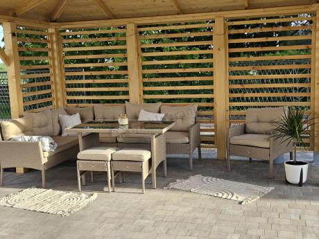 Technorattanowy narożnik z wysokim stołem, fotelem i pufami Perata Corner – Natural