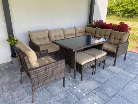 Technorattanowy narożnik ze stołem obiadowym pufami i fotelem Perata Corner Brown