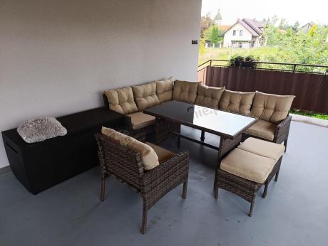 Technorattanowy narożnik ze stołem obiadowym pufami i fotelem Perata Corner Brown