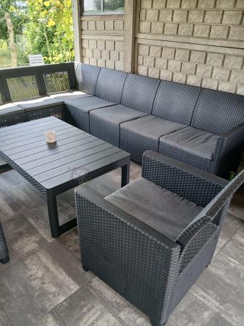 Zestaw dla 10 osób z narożnikiem Nedler VII, stołem podnoszonym i 3 fotelami - grafit