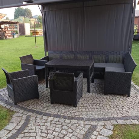 Zestaw dla 10 osób z narożnikiem Nedler VII, stołem podnoszonym i 3 fotelami - grafit