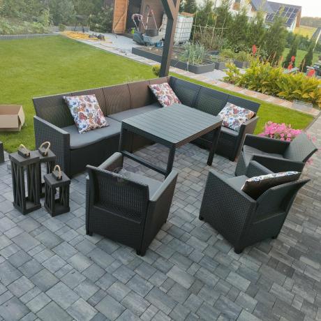 Zestaw dla 10 osób z narożnikiem Nedler VII, stołem podnoszonym i 3 fotelami - grafit