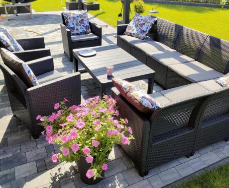 Zestaw dla 10 osób z narożnikiem Nedler VII, stołem podnoszonym i 3 fotelami - grafit