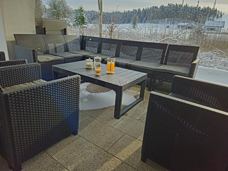 Zestaw dla 10 osób z narożnikiem Nedler VII, stołem podnoszonym i 3 fotelami - grafit