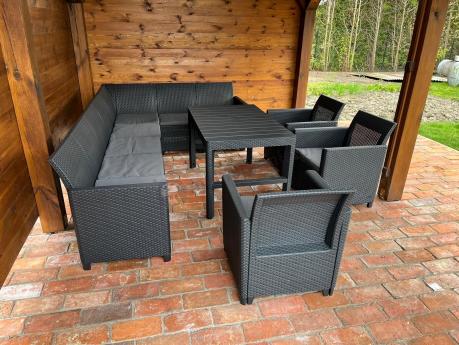 Zestaw dla 10 osób z narożnikiem Nedler VII, stołem podnoszonym i 3 fotelami - grafit