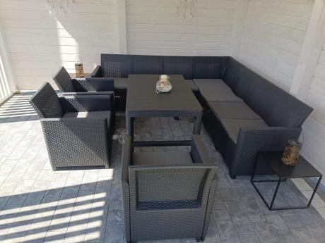 Zestaw dla 10 osób z narożnikiem Nedler VII, stołem podnoszonym i 3 fotelami - grafit