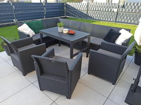 Zestaw dla 10 osób z narożnikiem Nedler VII, stołem podnoszonym i 3 fotelami - grafit