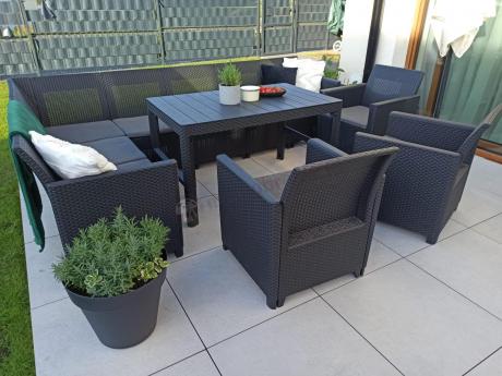 Zestaw dla 10 osób z narożnikiem Nedler VII, stołem podnoszonym i 3 fotelami - grafit