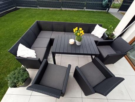 Zestaw dla 10 osób z narożnikiem Nedler VII, stołem podnoszonym i 3 fotelami - grafit