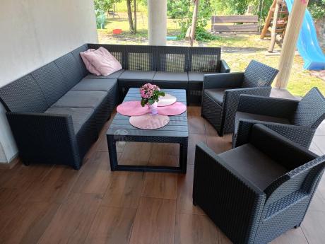 Zestaw dla 10 osób z narożnikiem Nedler VII, stołem podnoszonym i 3 fotelami - grafit