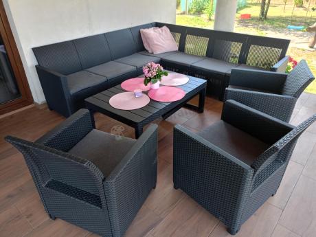 Zestaw dla 10 osób z narożnikiem Nedler VII, stołem podnoszonym i 3 fotelami - grafit