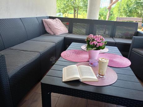 Zestaw dla 10 osób z narożnikiem Nedler VII, stołem podnoszonym i 3 fotelami - grafit