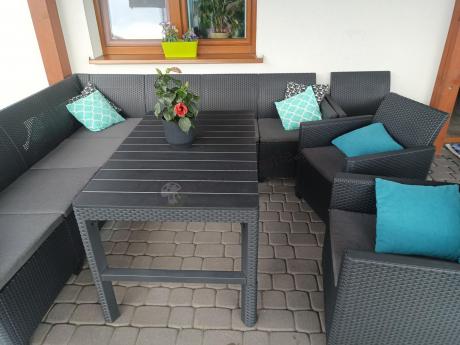 Zestaw dla 10 osób z narożnikiem Nedler VII, stołem podnoszonym i 3 fotelami - grafit