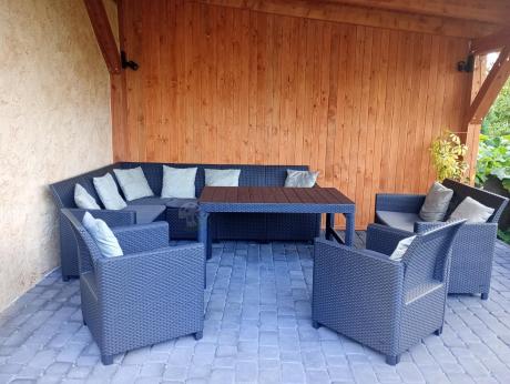 Zestaw dla 10 osób z narożnikiem Nedler VII, stołem podnoszonym i 3 fotelami - grafit