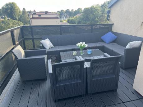 Zestaw dla 10 osób z narożnikiem Nedler VII, stołem podnoszonym i 3 fotelami - grafit