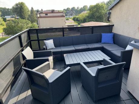 Zestaw dla 10 osób z narożnikiem Nedler VII, stołem podnoszonym i 3 fotelami - grafit